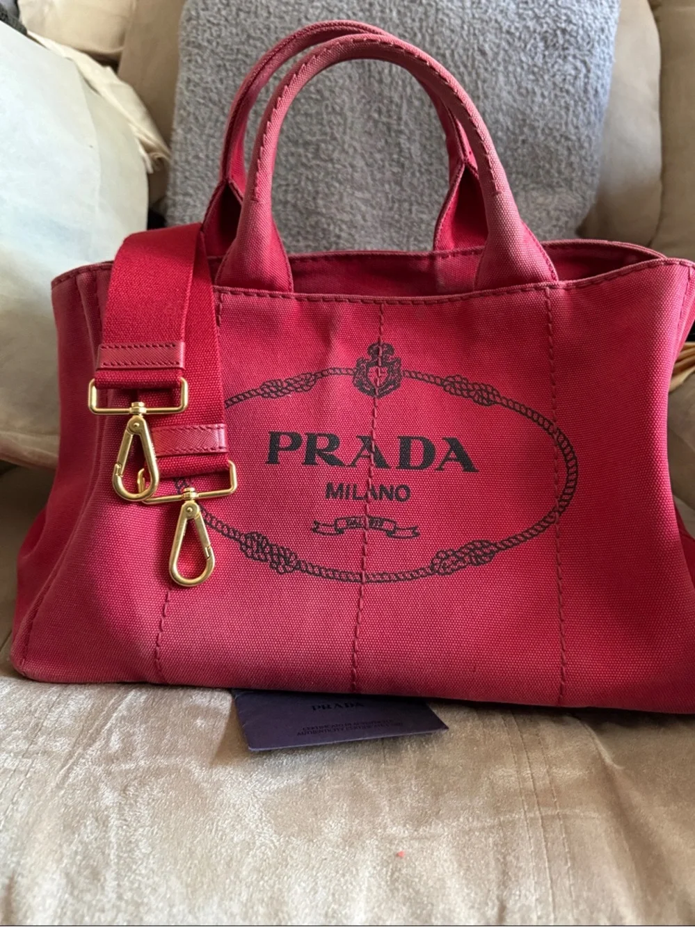 Prada Canapa Pink-Red Canvas Tote with Gold Hardware - Picture 1 of 16